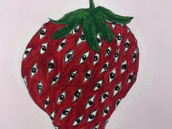 painting of a strawberry with eyes