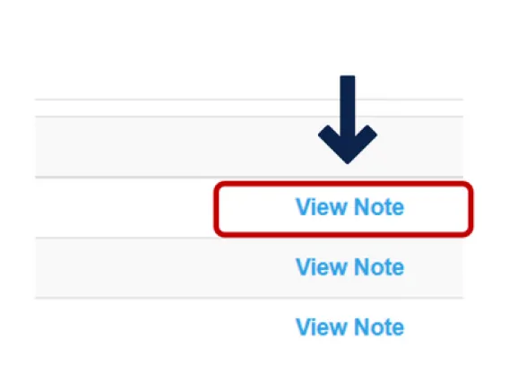 screenshot of medical records page with arrow pointing to the word view note