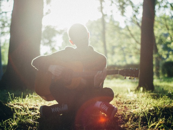 silhouette of a person playing guitar with trees and sunlight in the background