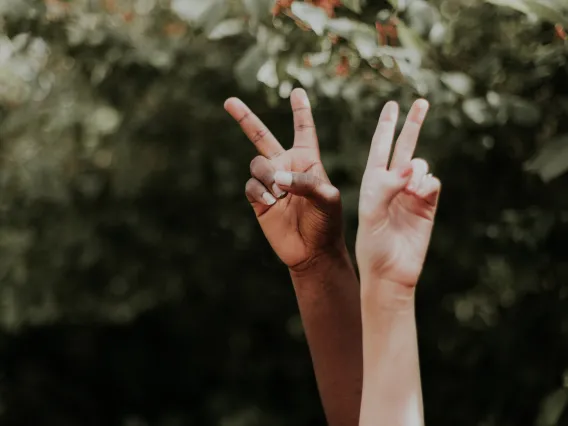 two hands holding up peace signs