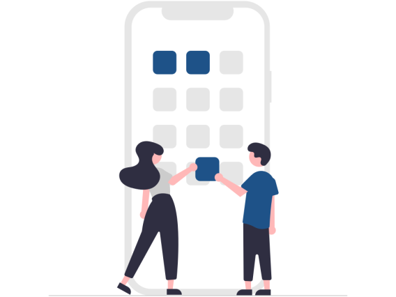 Illustration of two people holding a square and adding it to a large phone screen