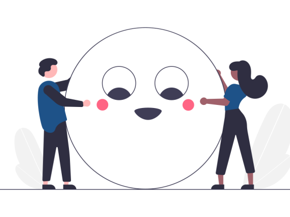 illustration of two people on either side of a big happy face