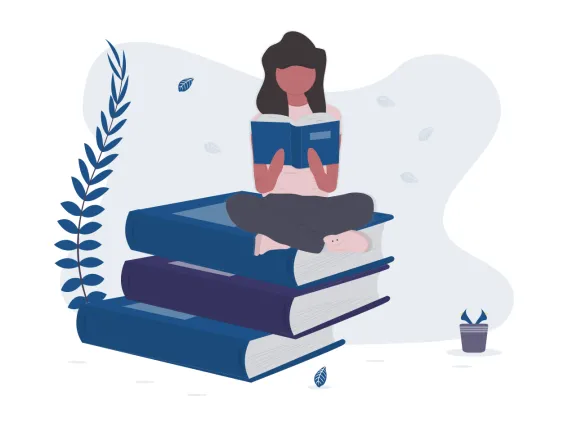 illustration of a woman sitting on books reading