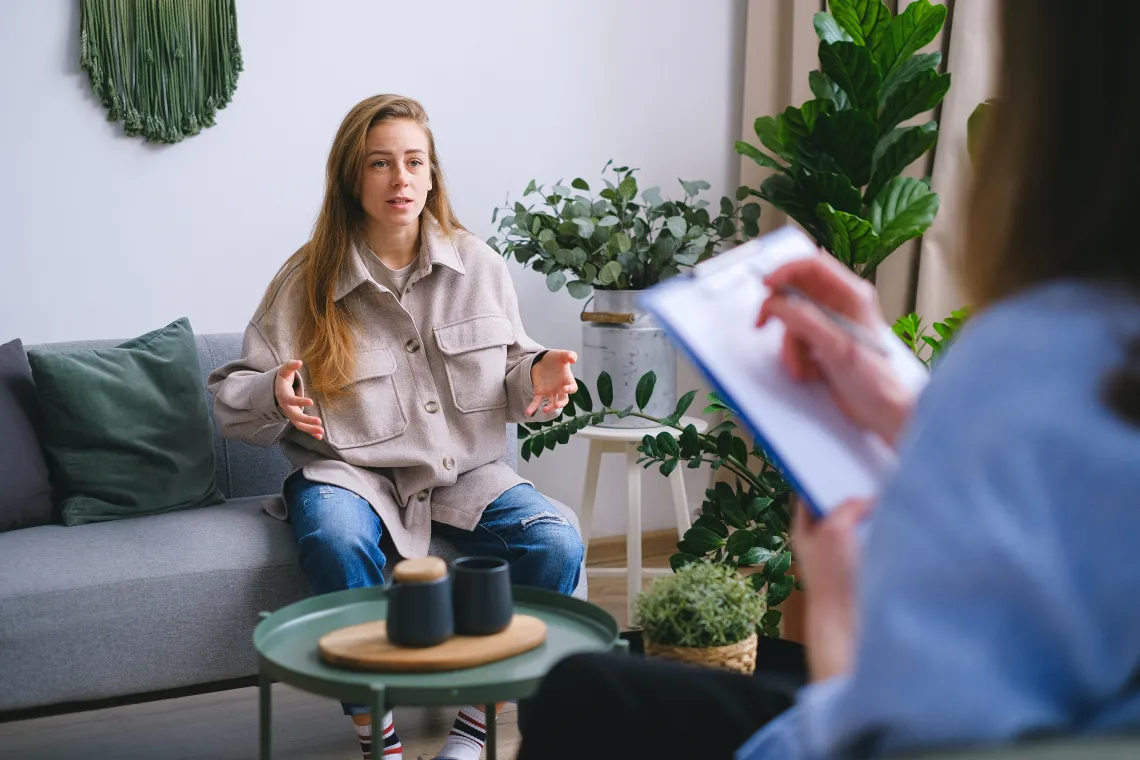 person sitting on a couch talking to another person holding a clipboard