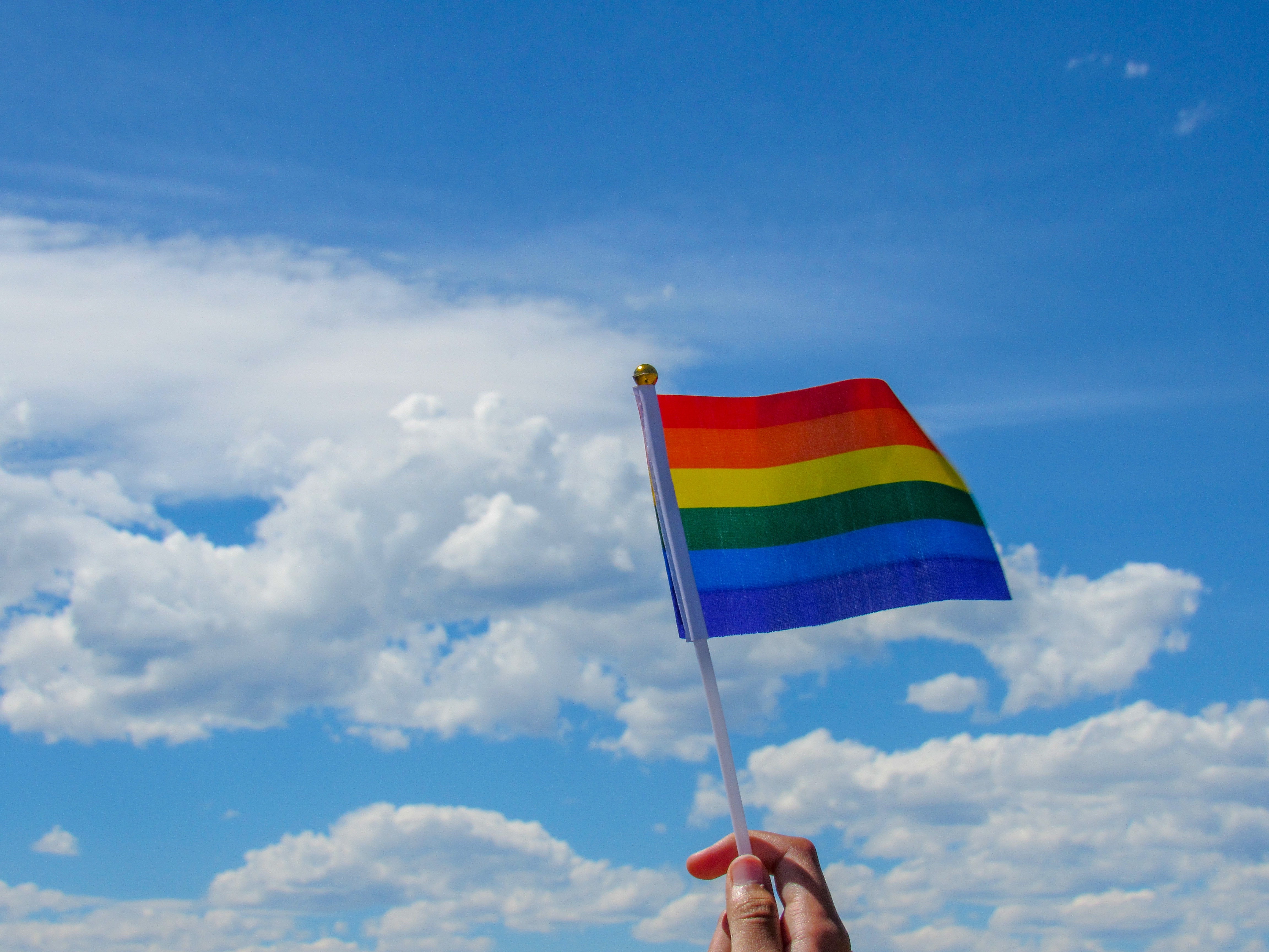 hand holding a rainbow flag up to the sky