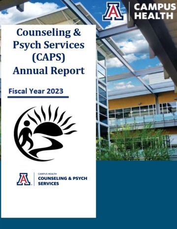 photograph of a building with large windows and txt that reads Counseling & Psych Services (CAPS) Annual Report Fiscal Year 2023
