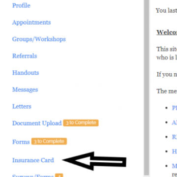screen shot with an arrow pointing to the words insurance card