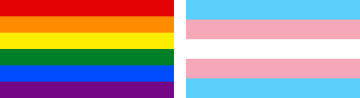 LGBTQ rainbow flag beside blue pink and white trans flag