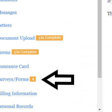 screen shot with an arrow pointing to the words surveys/forms