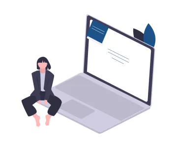 Illustration of a woman sitting on a unrealistically large laptop