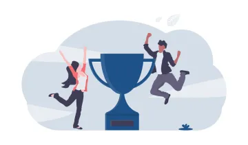 illustration of two people jumping with a trophy between them